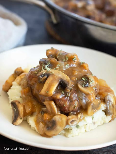 Easy Gluten Free Salisbury Steak Gluten Free Salisbury Steak, Instant Pot Salisbury Steak, Salisbury Steak With Mushroom Gravy, Steak With Mushroom Gravy, Homemade Salisbury Steak, Gluten Free Savory, Salisbury Steak Recipe, Homemade Gluten Free Bread, Over Mashed Potatoes