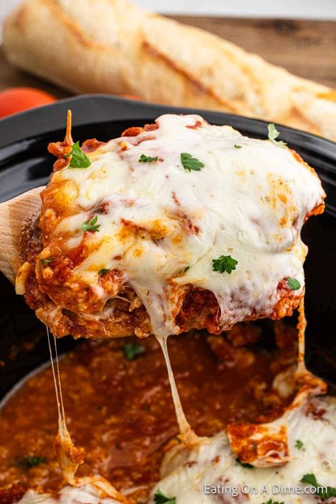 Slow Cooker Chicken Parmesan - Eating on a Dime Chicken Parmesan Slow Cooker Recipe, Chicken Parmesean Crockpot Recipe, Chicken Parm In Crockpot, Chicken Parmesan Casserole Crockpot, Crock Pot Chicken Parm, Chicken Parmesan Crockpot Recipes, Chicken Parmesan In Crockpot, Chicken Parmesan Recipe Crock Pot, Chicken Parm Crockpot Recipes