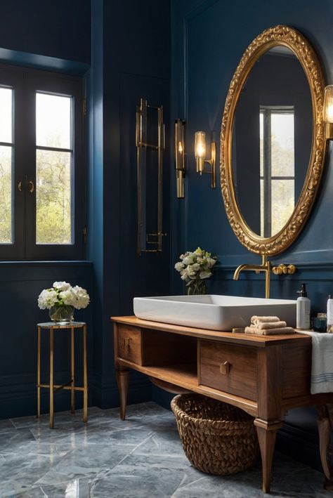 Dive into the luxurious world of interior design with Van Deusen Blue (HC-156) in this daily routine for your bathroom sanctuary. Elegance awaits! #Ad #homedecor #homedesign #bathroom #Painthome interiorarchitecture best Wall Colors for Bathroom Colors Bright Room Colors best colors combinations bathroom bathroom Remodeling Modern Paint Colors 2024 Blue Powder Bathroom, Moody Blue Bathroom Ideas, Powder Room Wall Color Ideas, Dark Blue And Gold Bathroom, Dark Blue Toilet, Blue Half Bathroom, Blue Bathroom Modern, Bright Blue Bathroom, Color Drenching Bathroom