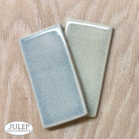 Freshen up your subway tile with a crackle glaze. Shown here is our Sky Blue Crackle & Julep Crackle. Hop over to the blog to find more new ways to use subway tile! | juleptile.com #subwaytile #kitchens #backsplash Handmade Subway Tile, White Subway Tile Bathroom, Blue Subway Tile, Blue Backsplash, Subway Tile Kitchen, Classic Tile, White Subway Tiles, U Bahn, Tile Companies