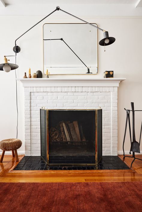 Replace Light Fixture, Painted Brick Fireplace, Spanish Bungalow, Dining Banquette, Historic Art, New York Architecture, Manhattan Apartment, Nyc Studio, Art Deco Buildings