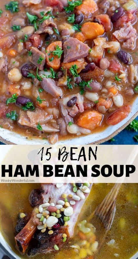 This Ham 15 Bean Soup Recipe is great wintertime comfort food. Use up those holiday ham leftovers in this ham bean soup. #hambeansoup #souprecipes #leftoverhamrecipes #beanrecipes #dinnerrecipes #easydinnerrecipes Mixed Bean And Ham Soup Recipes, Recipes Using 15 Bean Soup, Keto Ham And Bean Soup Recipes, 15 Bean Ham Soup, Leftover Hambone Soup, Many Bean Soup, Hambone And Bean Soup, Ham Beans Soup, Best 15 Bean Soup Recipe