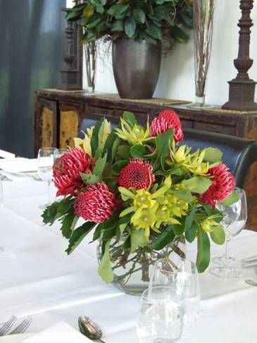 Centrepieces of red waratahs and green leucadendron Xmas Centerpieces, Aussie Christmas, Australian Flowers, Australian Native Flowers, Simple Centerpieces, Polka Dot Wedding, Fresh Flowers Arrangements, Australian Native, Event Flowers