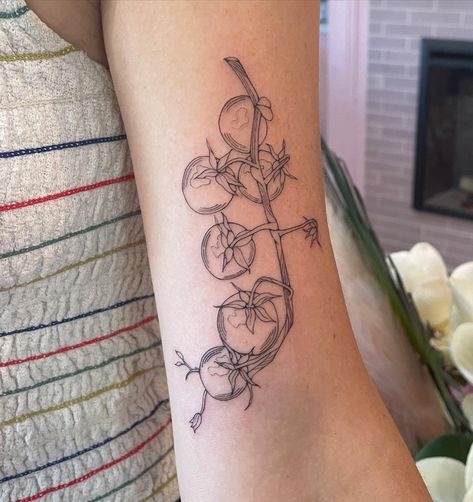 Tomato Tattoo, Vegetable Tattoo, Tomatoes On The Vine, Fruit Tattoo, Garden Tattoos, Vine Tattoos, Botanical Tattoo, Tattoo Cover-up, Time Tattoos