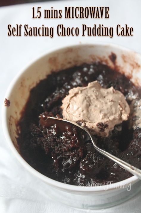 Self Saucing Chocolate Pudding, Chocolate Pudding Cake Recipe, Microwave Chocolate Cakes, Microwave Mug Recipes, Brownie Pudding, Chocolate Pudding Recipe, Self Saucing Pudding, Chocolate Pudding Cake, Microwave Cake