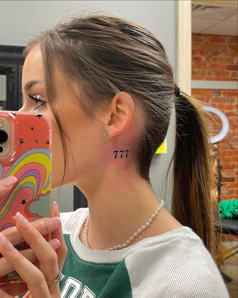 777 Tattoo Ideas Behind Ear, 777 Ear Tattoo, 777 Angel Number Tattoo Behind Ear, 777 Behind Ear Tattoo, 777 Tattoo Behind Ear, 777 Neck Tattoo, Fine Line Neck Tattoo, Gardening Hairstyles, 777 Tattoo