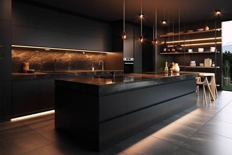 25 Dark Kitchen Ideas You'll Love Open Kitchen Cabinets No Doors, Dark Moody Kitchen, Dark Modern Kitchen, Dark Kitchen Ideas, Open Kitchen Cabinets, Black Kitchen Table, Moody Kitchen, Modern Black Kitchen, Educational Tips