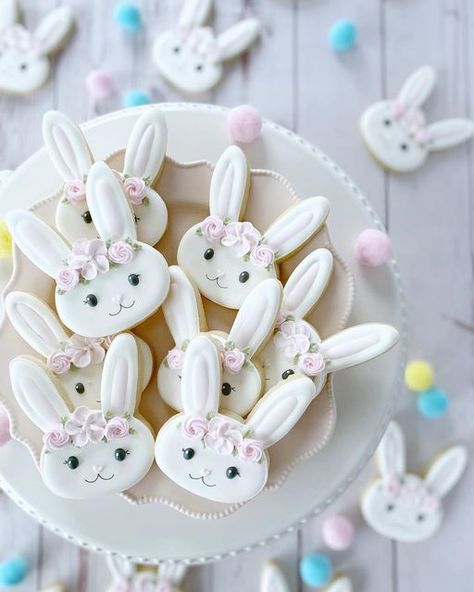 Bunny Baby Shower Cookies Decorated, Bunny Baby Shower Cookies, Easter Theme Baby Shower Ideas, Rabbit Sugar Cookies, Bunny Cookies Decorated, Bunny Sugar Cookies, Some Bunny Is One Birthday, Easter Pastries, Easter Sugar Cookies Decorated