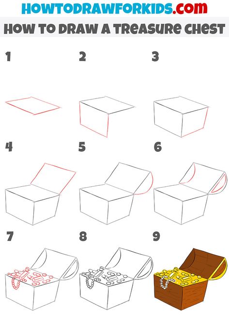 how to draw a treasure chest step by step Treasure Map Drawing, Chest Drawing, Treasure Chest Craft, Trin For Trin Tegning, Pirate Treasure Chest, Doodle Frame, Easy Arts And Crafts, Easy Drawings For Kids, Coloring Supplies