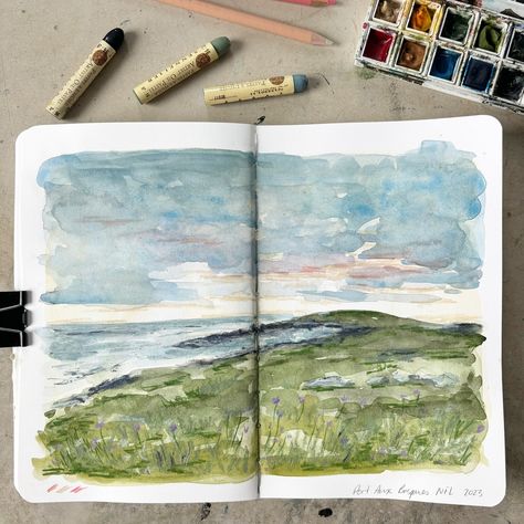 I’ve edited this sketchbook spread into a file to possibly be made into a print. Even though my landscapes are not my number one sellers, hopefully the right people will see this Newfoundland landscape and it’ll speak to them! #sketchbookart #mixedmedia #watercolour #newfoundland #eastcoast Travel Sketchbook, Pencil Crayon, Oil Pastels, Again And Again, Newfoundland, Oil Pastel, Art Sketchbook, Landscape Art, Crayon