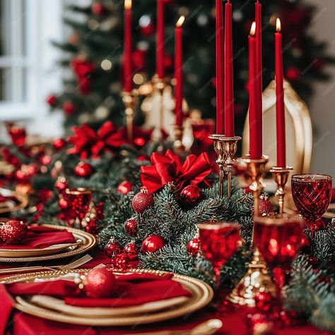 Christmas table with a red tablecloth gold candlesticks with red candles | Premium AI-generated image Christmas Table Red, Xmas Table Settings, Gold Christmas Table, Dining Display, Gold Candlesticks, Tablecloth Christmas, Buffet Table Decor, Red Gold Christmas, Red Tablecloth