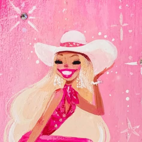 LIANA ♥ HEE on Instagram: "💖 Howdy! This little lady will be available in my shop tomorrow at 10 am PT. LianaHee.Shop 🎀 . . . #cowgirl #westernbarbie #gouache #minipainting #barbie #pink #westernstyle #howdy #girly #traditionalpainting #holbeingouache" Pink Cowgirl Art, Barbie Cowgirl Aesthetic, Cowgirl Art Aesthetic, Cute Girly Wallpapers Aesthetic, Cosmo Costume, Barbie Paintings, Pink Poster Aesthetic, Girly Paintings, Barbie Artwork