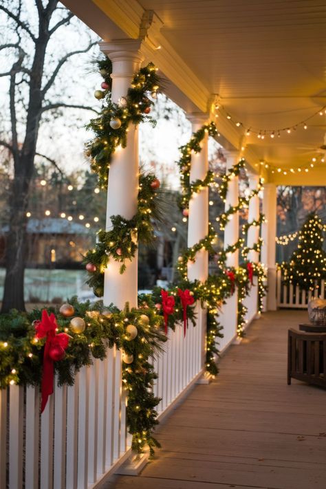 An outdoor porch railings decorated with lit garlands and ornaments for christmas. White House With Christmas Lights, Christmas Lights On Railing Outdoor, Outdoor Christmas Lighting Ideas Houses, Christmas Lights In Bushes, Classy Exterior Christmas Decor, Lights On House Exterior At Night, Simple Outside Christmas Lights, Colorful Outdoor Christmas Lights, Classic Outdoor Christmas Lights