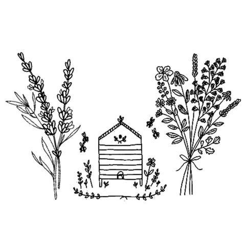 Farmhouse Tattoo, Cottage Tattoo, Beehive Tattoo, Cottage Drawing, Bee Cottage, Flower Bunches, Piercing Ideas, Bunch Of Flowers, Bee Hive