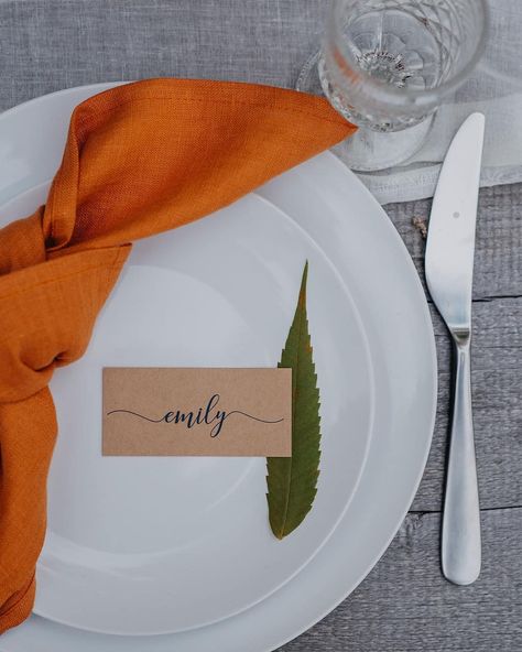 Fall styled shoot #2 with Kraft rustic place card  Photo by @hopeallisonphotography Orange Wedding Table, Wedding Table Napkins, Table Decor Thanksgiving, Thanksgiving Napkins, Wedding Napkin, Card Table Wedding, Reception Dinner, Fall Table Decor, Decor Thanksgiving