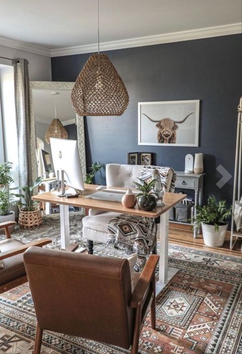 Unique Home Office Spaces, Boutique Office Space, Flexispot Desk Ideas, Moody Boho Home Office, Home Office Theme Ideas, Western Office Inspiration, Western Chic Office Decor, Home Office Big Desk, Boho Western Office Decor