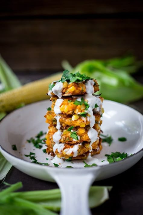 Feasting At Home, Vegetarian Main Course, Spicy Corn, Farmers Market Recipes, Cilantro Sauce, Mexican Corn, Corn Fritters, Vegetarian Main Dishes, Vegetarian Meals