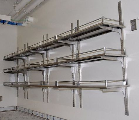 Stainless Shelves, Charcuterie Shop, Jeans Combination, Stainless Steel Kitchen Shelves, Stainless Steel Shelves, Stainless Steel Shelving, Commercial Kitchen Design, Steel Railing Design, Industrial Wall Shelves