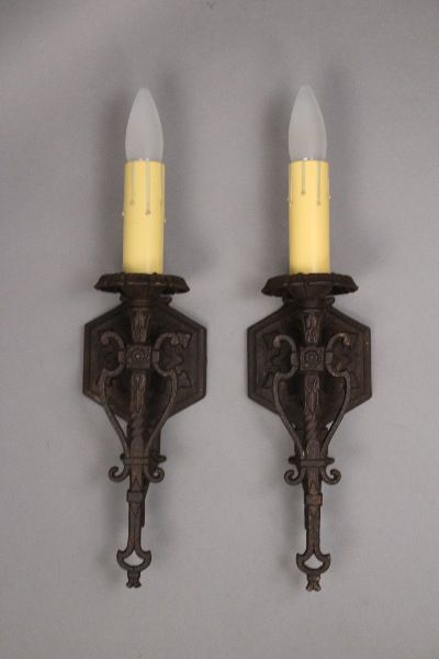 Pair of classic 1920's Spanish Revival sconces. 13.88" H x 4.25" W x 4" D Spanish Sconces Lighting, Spanish Lighting, Monterey Furniture, Colonial Furniture, Arts And Crafts Furniture, Religious Paintings, Italian Chandelier, Spanish Revival, Light Crafts