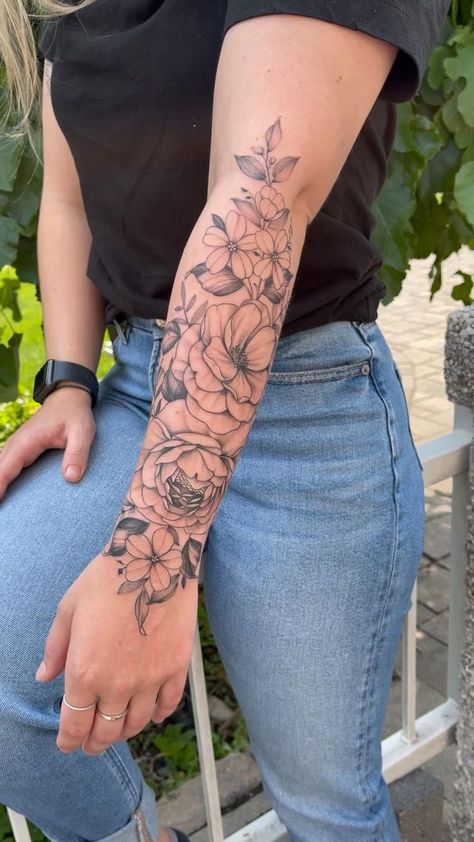 Pin on chik tattoo Half Sleeve Tattoos Forearm, Mandala Tattoo Sleeve, Forearm Flower Tattoo, Feminine Tattoo Sleeves, Forarm Tattoos, Tattoos For Women Flowers, Tattoos For Women Half Sleeve, Forearm Sleeve Tattoos, Flower Tattoo Shoulder