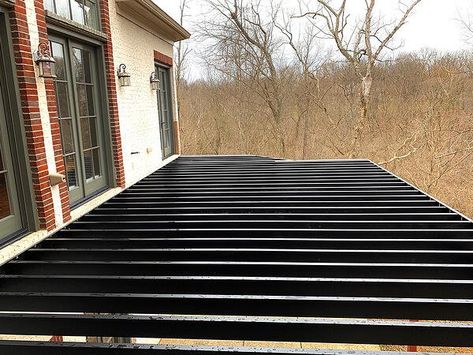 Metal Deck Framing, Lakehouse Deck, Railing Deck Ideas, Steel Deck Framing, Sustainable Backyard, House Framing, Fence Railing, Concrete Backyard, Wood Deck Tiles