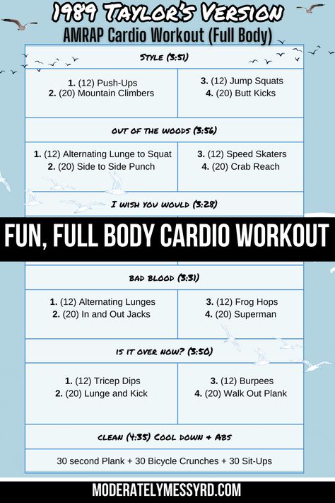 Add some fun and excitement to your workout routine with this AMRAP workout in honor of the release of 1989 (Taylor’s Version). This is a full body, cardio-based workout – with an ab cool down at the end. AMRAP stands for as many rounds as possible. This translate into one sweaty workout, that can be as easy or as hard as you make it. It can also be done in the comfort of your own home, with no equipment required. Cardio Cool Down, Eras Tour Workout, Taylor Swift Workout Playlist, Taylor Swift Workout Routine, Taylor Swift Workout, Fitness Era, Workout 2023, 10 Week No Gym Workout, Group Workouts