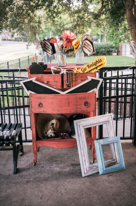 Photo Booth Prop Table  If you’re having a photo booth, you’re going to need somewhere to keep all those props. A dresser is a great way to keep them all organized. Wedding Suggestions, Wedding Photo Booth Props, Vintage Photo Booths, Diy Props, Photo Booth Prop, Vintage Props, Boda Mexicana, Vintage Dresser, Wedding Photo Booth