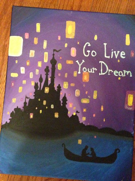 Go live your dream !  Tangled Boat scene Tangled Boat Scene Drawing, Rapunzel Boat Scene Painting, Tangled Boat Scene Painting, Tangled Inspired Painting, Tangled Canvas Painting, Tangled Boat Scene, Go Live Your Dream Tangled, Disney Art Ideas, Tangled Painting Ideas