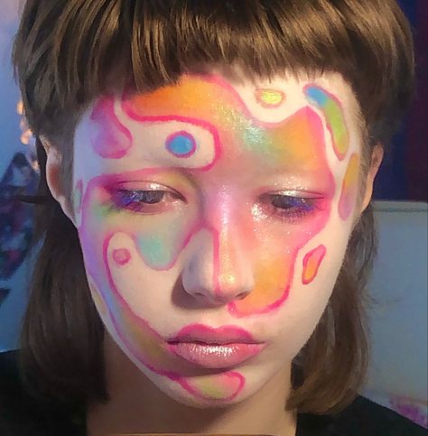 Colorful Face Makeup, Full Color Makeup, Maximalist Makeup, Fun Eyeshadow, Colorful Goth, Maquillage Goth, Abstract Makeup, Cool Face Paint, Funky Makeup