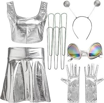 Alien Dance Costume, Aesthetic Alien Costume, Metallic Halloween Costume, Alien Dress Up, Alien Women Costume, Space Alien Costume Women, Alien Costume Cute, Silver Costume Ideas, Cute Alien Halloween Costume