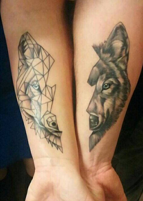 Wolf Wolf Tattoo Matching, Matching Wolf Tattoos Couples, Couple Wolf Tattoo Ideas, Two Wolf Tattoo, Wolf Couple Tattoo, Matching Wolf Tattoos, Couples Wolf Tattoos, Partner Tattoo, Geometric Wolf Tattoo