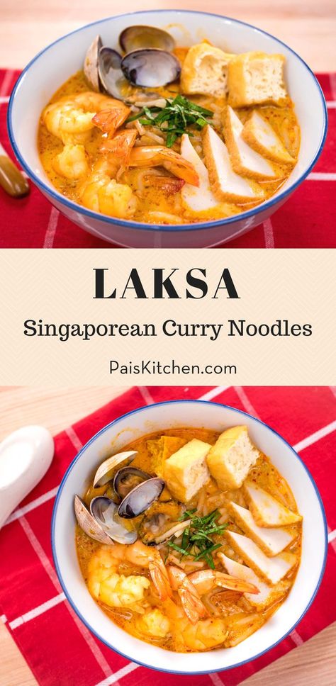 Recipe & video tutorial for Singaporean laksa curry noodle soup! Laksa refers to various types of curry noodle soup, but the Singaporean one uses a seafood stock and is enriched with coconut milk. If you love seafood, and you love curry, and you love noodle soup...this is all three of those great things combined into one delicious bowl! Check out this recipe tutorial and many more on my YouTube channel! Laksa Curry, Types Of Curry, Laksa Recipe, Curry Noodle Soup, Seafood Stock, Thai Kitchen, Basic Chinese, Asian Noodle Recipes, Shell Fish