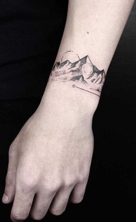 Tattoo Ideas for Body and Soul Armband Tattoo Frau, Mountain Geometric, Moutain Tattoos, Mountain Tattoos, Petit Tattoo, Forearm Band Tattoos, Cool Wrist Tattoos, Wrist Tattoos For Guys, Muster Tattoos