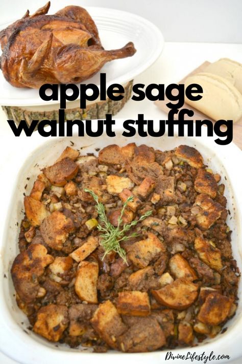 Apple Sage Walnut Stuffing Recipe - this dressing recipe will be the highlight of your Thanksgiving dinner!   //   DivineLifestyle.com    //     #stuffing #stuffingrecipe #dressing #dressingrecipe #turkeyrecipe #Thanksgiving #turkey #ThanksgivingDinner #turkeyrecipes #roastturkey #christmas #christmasdinner #dinnerecipes #easyturkey #thanksgivingrecipes #moistturkey #ovenroasted #howtocookaturkey #roastturkey #turkeytips #thanksgivingrecipe #recipes #food Sage Stuffing Recipes, Apple Sage Stuffing, Walnut Stuffing, Turkey Dressing Recipe, Turkey Dressing, Dressing Recipes Thanksgiving, Sage Stuffing, Moist Turkey, Stuffing Recipes For Thanksgiving