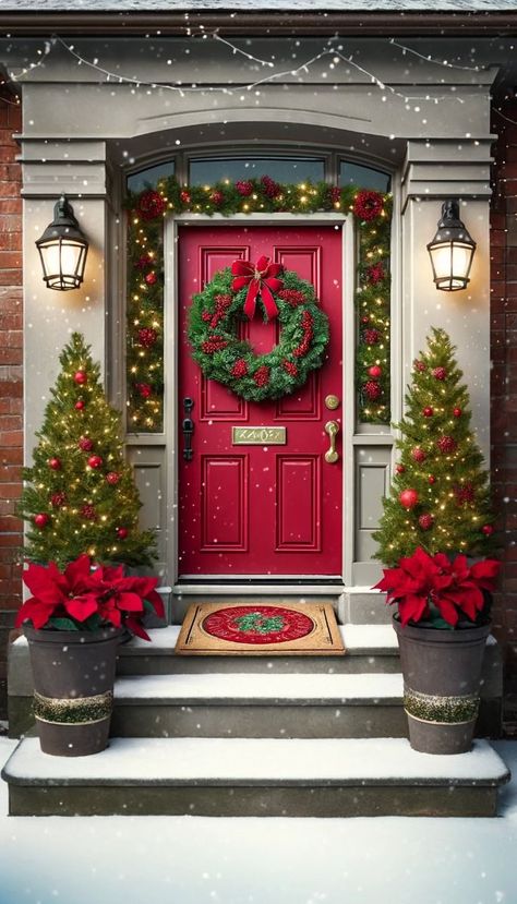 Check out these 21 front door decor ideas that are sure to wow your guests and boost your curb appeal instantly. --- A festive front door decorated for Christmas. The door is painted a vibrant red and adorned with a lush green wreath decorated with red berries and a gold bow. Flanking the door are small evergreen trees wrapped in twinkling fairy lights and set in rustic planters. The steps are lined with poinsettias and a welcoming doormat with a Christmas theme. Snow lightly dusts the scene, Small Evergreen Trees, Front Door Decor Ideas, Door Decor Ideas, Front Door Christmas Decorations, Rustic Planters, Modern Christmas Decor, Christmas Front Doors, Christmas Decorations Living Room, Christmas Porch Decor