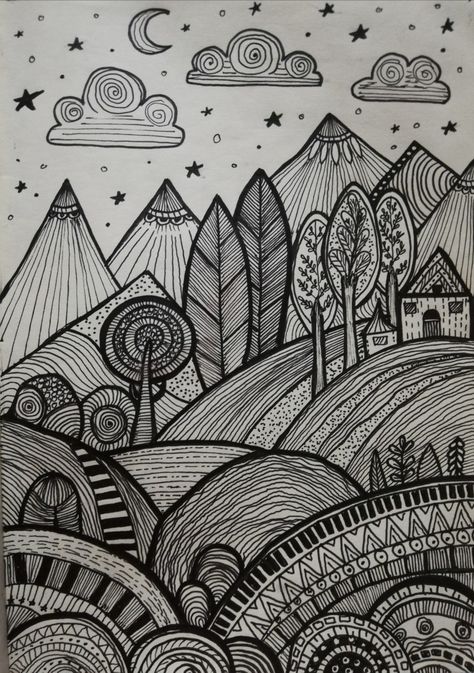 Mandala Art Landscape, Zen Tangle Landscape, Mountain Zentangle, Line Composition Design, Unique Doodle Art, Zentangle Landscape, Nature Doodle, Geometric Line Art, Whimsical Art Journal