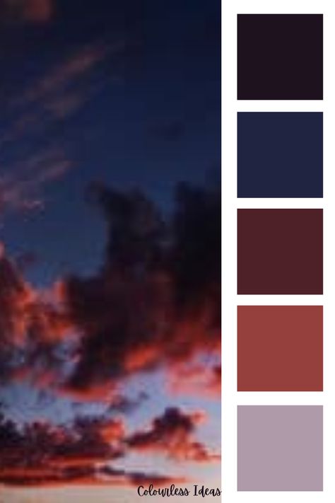 Evening Colour Palette, Dusk Colour Palette, Dusk Color Palette, Stormy Sunset, 30th Birthday Themes, Sunset Color Palette, Colour Pallets, Dark Color Palette, Painting References