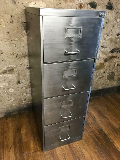 Vintage Industrial Stripped Metal 4 Drawer Filing Cabinet Drawer File Cabinet, Drawer Filing Cabinet, Industrial Design Furniture, Vintage Industrial Furniture, Antique Cabinets, Steel House, Funky Furniture, Metal Drawers, Cabinets For Sale