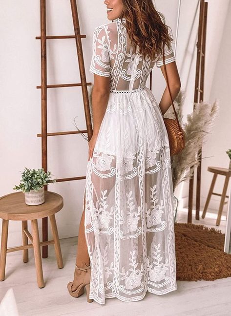 Cute Outfits For Photoshoots, John Deere Wedding, Honeymoon Outfit Ideas, White Romper Dress, Lace Maxi Romper, White Lace Dress Boho, Spring Pics, Boho Chic Style Outfits, Tropical Vacation Outfits