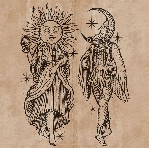 Sun Moon Illustration, Woodcut Tattoo, Wrist Tattoo Designs, Medieval Tattoo, Medieval Drawings, Engraving Tattoo, Alchemy Art, Sun Tattoos, Pushing Boundaries