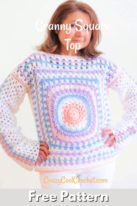 FREE PATTERN and VIDEO tutorial for this adorable Crochet Granny Square Top for women. Lightweight. Updated with pastels and long sleeves. Perfect crochet Easter top. Multiple sizes. #crochetgrannysquaretop #crochetgrannysquaretopwomen #crochetsummertop #crochetspringtop #crazycoolcrochet #crochettopfreepattern #grannysquaretop #grannysquares #grannysquarepattern #crochetforbeginners #freecrochetpatterns Granny Square Tshirt Pattern, Granny Tee Crochet Pattern, Crochet Granny Square Jumper Pattern, Crochet Granny Square Jumper Free Pattern, Granny Square Crochet Sweaters, Crochet Granny Square Cardigans, Crochet Granny Square Solid Color, Crochet Jumpers For Women Free Pattern, Crochet Granny Square Tops Free Patterns