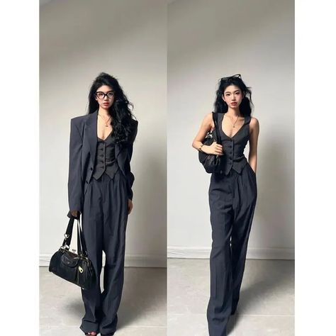 Insozkdg Blazer Pants Set Long Suit  V-neck Vest Casual  Coats Office Lady Outfits Three Pieces Waistcoat Blazer Woman Outfit, Formal Waistcoat For Women, Pantsuit Outfit Aesthetic, Women's Suits Prom, Afro Victorian Fashion, Blazer Waistcoat Outfit, Pants And Waistcoat Women, Blazer Slacks Outfit, Classy Suits For Women Formal