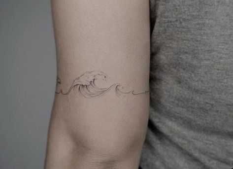 Wave Tattoo Line Work, Wave Tattoo Wrapped Around Arm, Collar Bone Wave Tattoo, Wrap Around Wave Tattoo, Ocean Arm Band Tattoo, Unique Ocean Tattoos For Women, Geometric Wave Tattoo, Wave Fine Line Tattoo, Water Tattoo Ideas Ocean