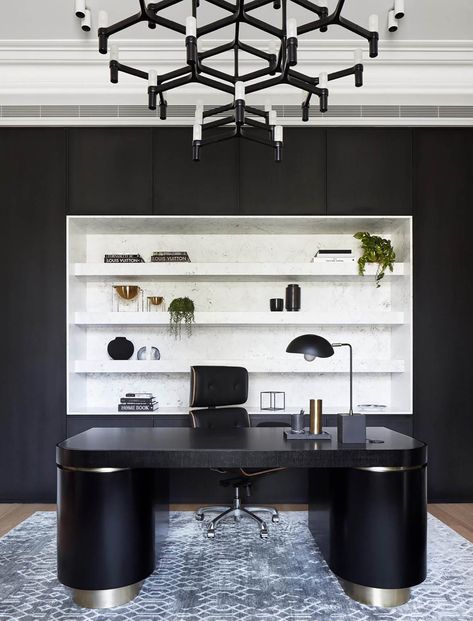 A cool, contemporary aesthetic prevails in the office of this bold 19th century home revamped by Christopher Elliott Design. Photograph: Jack Lovel. From Belle November 2018. European Interiors, Melbourne Home, The Local Project, Victorian House, Study Areas, Hill House, Residential Interior Design, European Design, Bathroom Layout