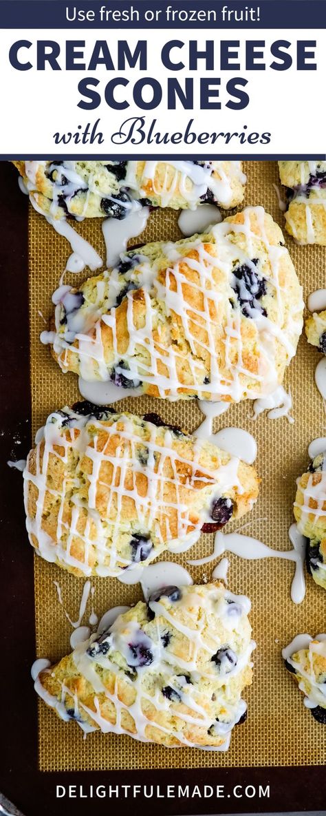 Do you love tender, flavorful scones with your morning coffee? If so, these Cream Cheese Scones with Blueberries! These cream cheese scones baked with fresh or frozen blueberries come out perfectly tender every time. The advantage of cream cheese scones is that you create an extra tender and flaky scone. Many scone recipes often render an unappealing hard, dry texture. Because this recipe incorporates both cream, butter and cream cheese, you get an ultra-tender, flaky scone every time! Cream Cheese Filled Scones, Scones With Cream Cheese, Summer Scones Recipe, Blueberry Scones With Frozen Blueberries, Strawberry Cream Cheese Scones, Scones Flavor Ideas, Blueberry Lemon Scones Recipe, Oatmeal Scones Recipe, Cream Cheese Scones Recipe