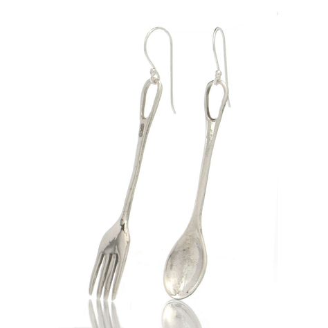 Sterling Silver Fork/Spoon Earrings Approx. 2 1/4" drop from ear Hand finished in Thailand Fork Necklace, Spoon Earrings, Fork And Spoon, Forks And Spoons, Thailand, Sterling Silver, Silver