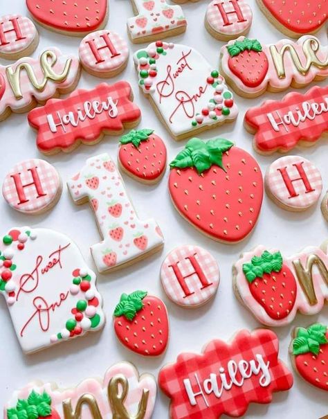 Berry First Birthday Party Cupcakes, Strawberry Cookies First Birthday, Strawberry Themed 1st Birthday Cookies, Berry Sweet 1st Birthday Cookies, 1st Birthday Dessert Ideas, Berry Baby Shower Cookies, Strawberry Theme Cupcakes 1st Birthdays, Berry Birthday Cookies, Strawberry Birthday Cookies Decorated