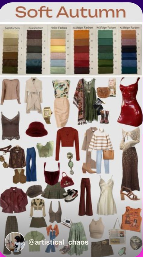 Soft Autumn Casual Outfits, Hoc Autumn Leaf Outfits, Soft Autumn Moodboard, Soft Autumn Romantic, Soft Autumn Outfit Ideas, Soft Autumn Clothes, Soft Autumn Color Palette Outfits, Soft Autumn Outfits, Simple Capsule Wardrobe