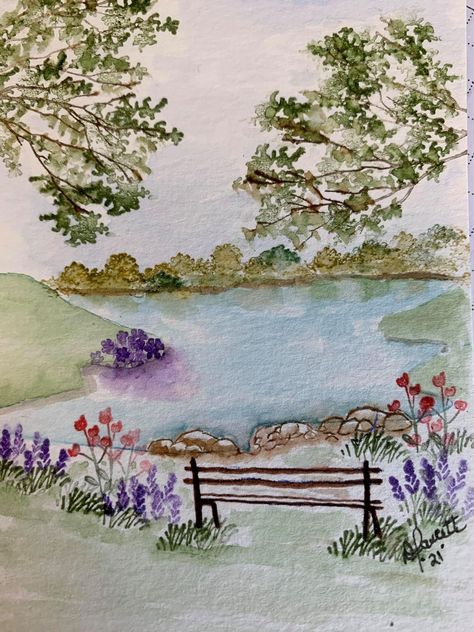 Spring Garden Drawing, Watercolour Inspo Aesthetic, Aesthetic Watercolor Ideas, Water Colour Land Scapes, Summer Watercolor Paintings Easy, Art Inspiration Flowers, Watercolor Sketchbook Journal Ideas, Watercolor Art Scenery, Watercolour Inspiration Simple