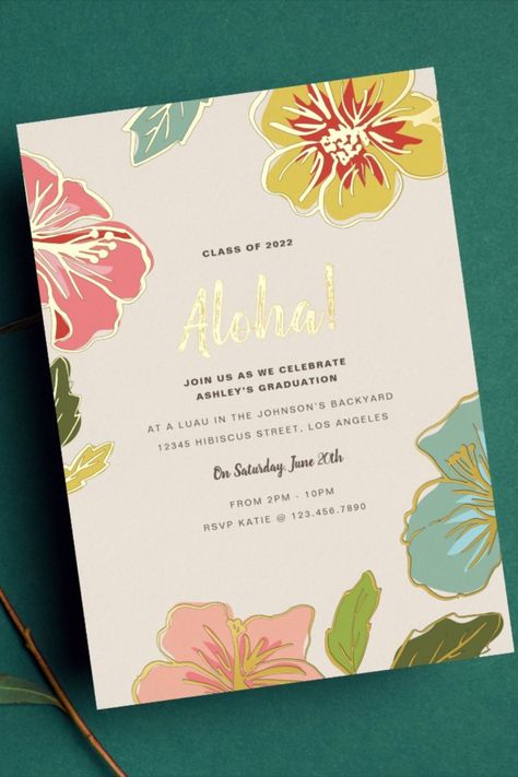 Gold Foil Aloha Hawaiian Graduation Invitations
Bright and colorful Hawaiian floral design featuring bold flower details in pink, teal and yellow along side modern navy typography on an ivory colored background. These invites are the perfect way to celebrate a graduation, birthday, Luau, backyard bbq or a simple summer celebration! #graduationinvitations #classof2024 #graduationparty #celebrategraduation #graduationannouncement #hawaiian #aloha Aloha Birthday Invitation, Hawaiian Themed Quinceanera, Modern Luau Party, Tropical Themed Birthday Party, Hawaiian Party Invitations, Hawaiian Graduation Party, Luau Background, Hawian Party, Hawaii Invitation